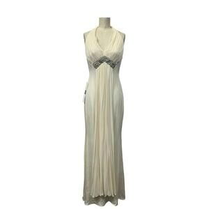 Marchesa Notte Silk Halter Sleeveless Embellished Drape Maxi Gown Ivory Sz US 0